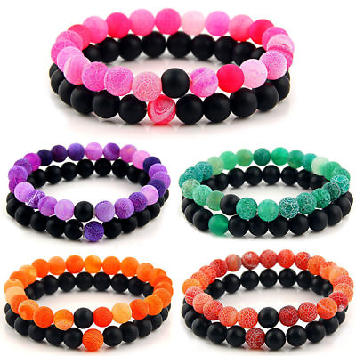 #ad 2 Distance Bracelets for Lovers Couples Matching Gift Matte Agate 8mm Bead Stone $3.59