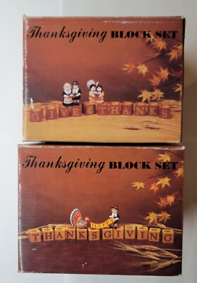#ad Give Thanks amp; Happy Thanksgiving Vintage Block Decor Sets With Pilgrims amp; Turkey $59.99