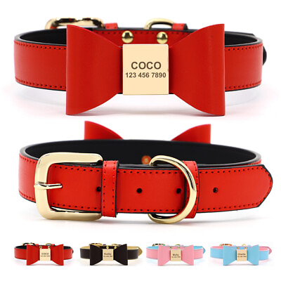 #ad Soft Leather Dog Collar Custom Personalized with Cute Bow Tie Pet Name Engraved $12.99
