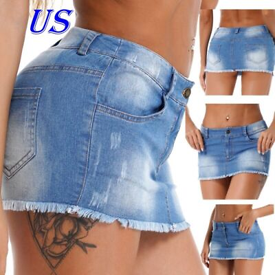 #ad US Sexy Womens Denim Mini Skirt High Waist Frayed Hem Bodycon A line Jean Skirts $14.11