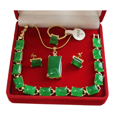#ad #ad Green Jade 18K Gold Plated Pendant Necklace Bracelet Earrings Ring Jewelry Sets $25.04