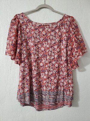 #ad Lucky Brand Womens Red Floral Short Flutter Sleeve Open Back Blouse Top XL $12.99