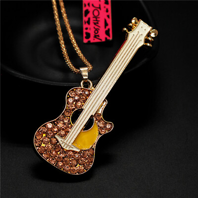 #ad Fashion Women Enamel Champagne Crystal Guitar Pendant Sweater Chain Necklace $3.95
