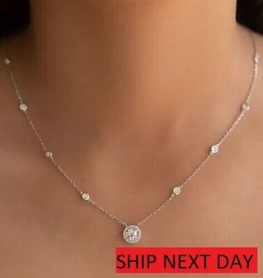 #ad 2Ct Round Cut Lab Created Diamond Women#x27;s Halo Necklace 14K White Gold Plated $74.24
