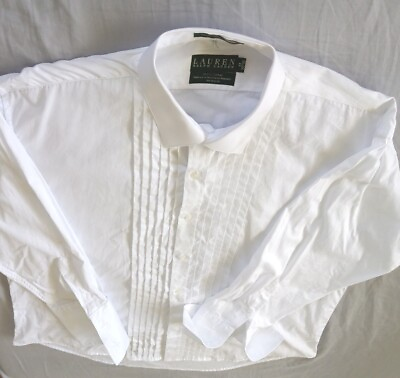 #ad Lauren Ralph Men#x27;s Long sleeved Button Up Pleated White Shirt 17 or 32 33 Cotton $22.35