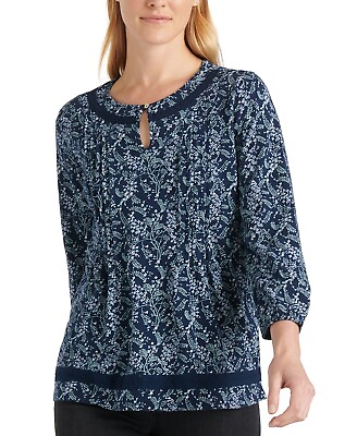 #ad Lucky Brand Women#x27;s Cotton Printed Lace Trim Top Navy Size Small $18.07