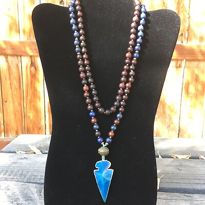 #ad Arrowhead Necklace Lapis Lazuli Wood Bead Hand Knotted Pendant Dyed Chrysoprase $34.99