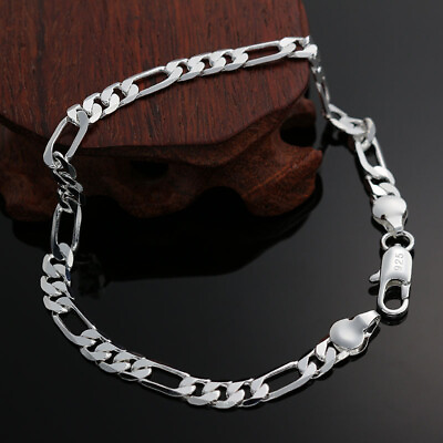 #ad 925 Sterling silver 6mm Flat chain Pretty Bracelet women men jewelry wedding C $2.60