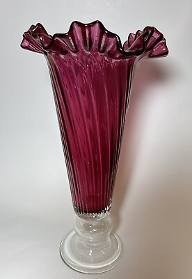 #ad Large Ruffle Rim Vase Amethyst Magenta Glass with Clear Foot 14.5quot; $25.49