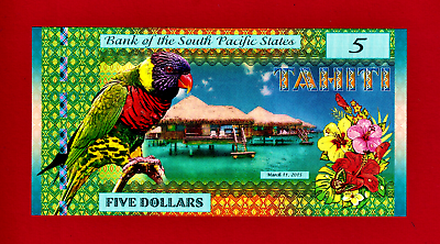 #ad COLORFUL South Pacific States FIVE $5 DOLLARS 2015 TAHITI UNC Polymer Note Bird $5.76