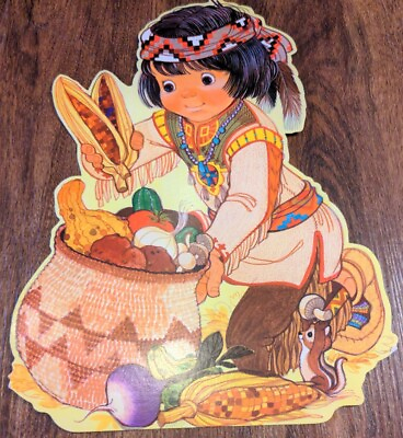 #ad Vintage Hallmark Thanksgiving Indian w Harvest Die Cut Decoration $9.99