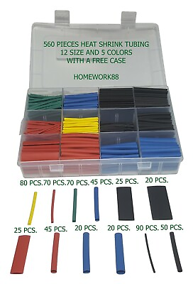 #ad 560 PCS. 2:1 HEAT SHRINK TUBING TUBE SLEEVING WRAP CABLE WIRE 5 COLORS 12 SIZES $5.73