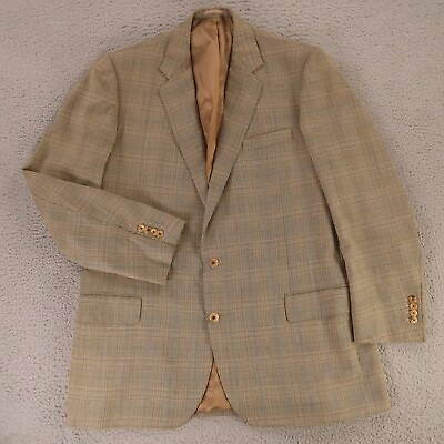 #ad Oxxford Clothes Jacket L LT Brown Glen Plaid Worsted Wool Blazer Sport Coat 44L $149.97