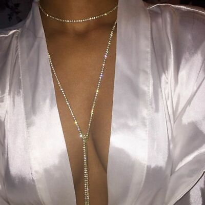 Women Long Crystal Necklace Rhinestone Statement Choker Wedding Party Necklaces $9.85