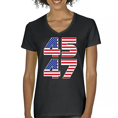 #ad Donald Trump 45 47 Women#x27;s V Neck T shirt President MAGA America First FJB Tee $18.95
