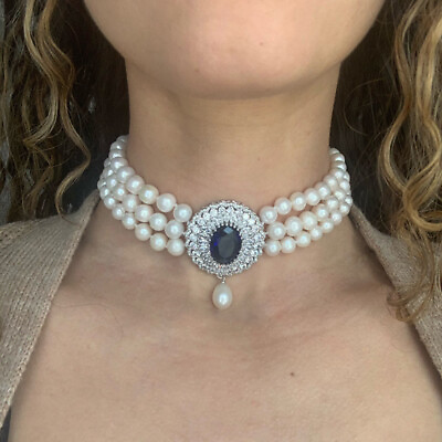 #ad 3 Strands 8 9mm Natual white Pearl Bead Blue Gem Choker Necklace For Women $50.99