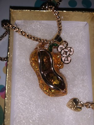 Betsey Johnson Necklace Yellow Peanut LUCKY Gold CRYSTALS Bling Gift Box $25.95