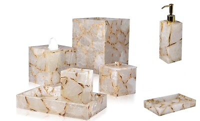 #ad Marble Bath Set White and Golden Foil Epoxy Tooth Brush Holder Set of 7 Pieces $808.00