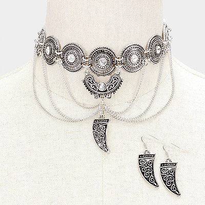 #ad PIERCED Unique silver drop chain amp; clear stone choker necklace amp; earring set $3.85