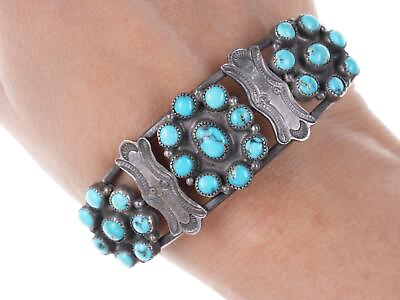 #ad 30#x27;s 40#x27;s Navajo stamped silver turquoise cluster bracelet $603.75