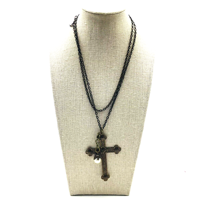 #ad Embossed Bronze Tone Cross Necklace Simulated Pearl Drop Christian Faith Pray $9.99