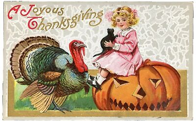 #ad Antique Postcard Halloween Joyous Thanksgiving Girl Turkey Black Cat JOL Pumpkin $38.96