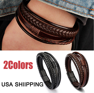 #ad Men Jewelry Black Braided Leather Bracelet Multi Layer Stainless Steel Clasp US $5.25