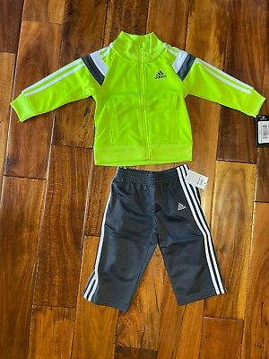 #ad NWT Adidas Set 2 Piece Baby Neon Yellow Jacket Gray Pant Track Set Size 12M $15.00