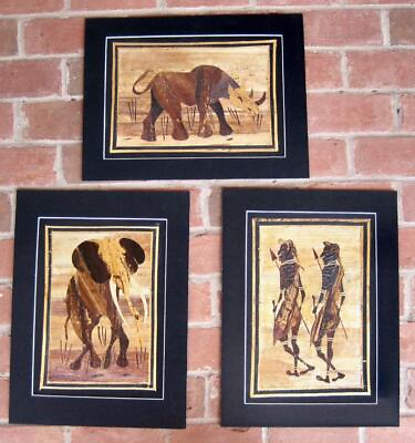 #ad Lot 3 African Banana Leaf Fiber Art Collages Warriors Elephant Rhino 19.5 x 13 $36.29