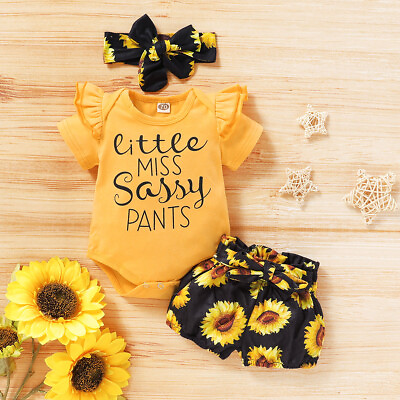 #ad Newborn Baby Girl Sunflower Clothes Romper Tops Short Pants Headband Outfits Set $15.29