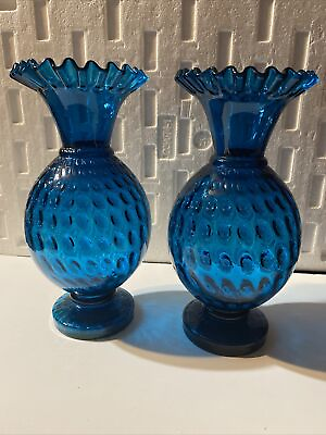#ad Fenton Beautiful Set Of Aqua Blue Thumb Print Vases With Crimped Tops 10 1 2” T $160.00