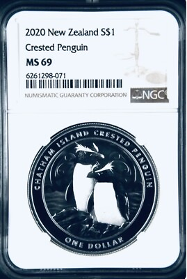 #ad 2020 $1 NEW ZEALAND SILVER CRESTED PENGUIN NGC MS69 BROWN LABEL 1 OZ .999 FINE $200.00