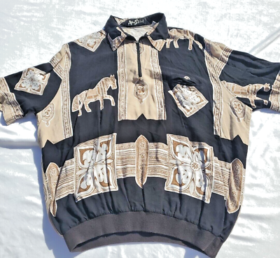 #ad Alan Stewart Vintage Shirt Men XL Black Gold Abstract Pullover Ribbed Waist 80s $20.95