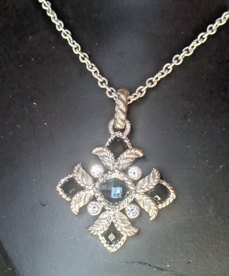 #ad Judith Ripka Sterling Silver Blue Topaz Gemstone Onyx Maltese Cross Pendant 20quot; $199.90