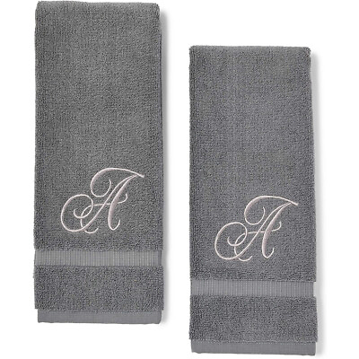 Monogrammed Hand Towel Embroidered Letter A 16 x 30 in Grey Set of 2 $18.99
