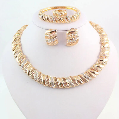 #ad Crystal Jewelry Sets For Women Wedding Bridal Accessories Gold Color Necklace $21.59