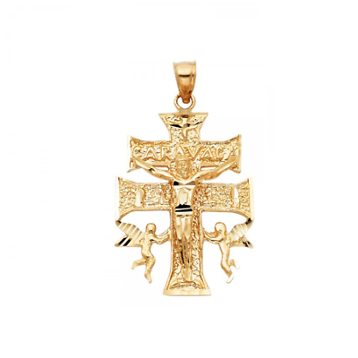 #ad 14K Solid Yellow Gold Caravaca Crucifix Cross Pendant Jesus Necklace Charm $105.86