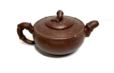 #ad Chinese Vintage Yixing Brown Clay Tea Pot With Bamboo Design amp; Handle Collection $25.00