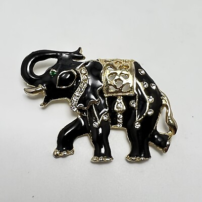 #ad Womens Jeweled Black Enamel Elephant Brooch Pin Jewelry Gold Tone $19.99