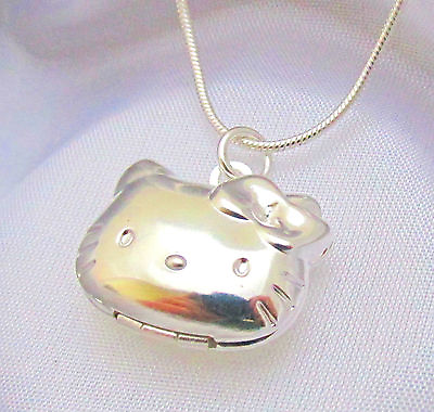 Sterling Silver Hello Kitty Cat Kids Locket Pendant Necklace Photo Gift Box $12.50
