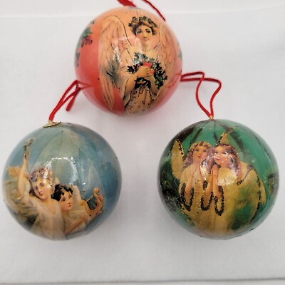 #ad Vintage Christmas Ornaments Round Paper Mache Spheres with Angels Old Fashioned $12.00