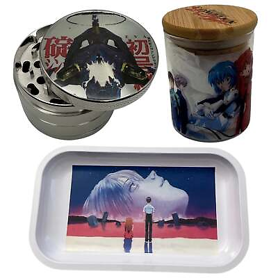 #ad Evangelion Anime Herb Grinder Stash Jar Rolling Tray Set $45.00
