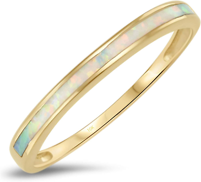 #ad 10K Solid Yellow Gold White Opal Inlay Band Ring $21.77