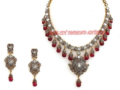 ATTRACTIVE STYLE ANTIQUE ROSE CUT DIAMOND 10.26ct POLKI SILVER RUBY NECKLACE SET $3145.00