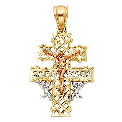 #ad 14k Tri tone Solid Gold Ornate Caravaca Cross Pendant $134.00