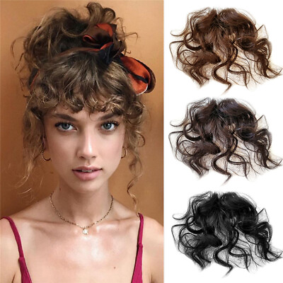#ad Mini Clip in Natural Curly Neat Air Fringe Clip in Remy Human Hairpiece Bangs $16.99