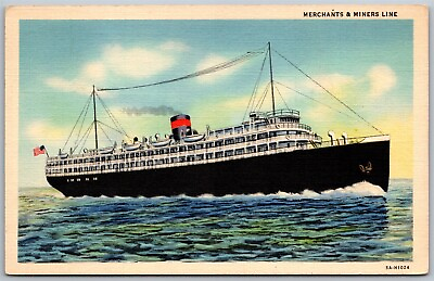 #ad Vtg Merchant amp; Miners Line Steam Ship Postmark Baltimore MD 1940s Linen Postcard $3.99