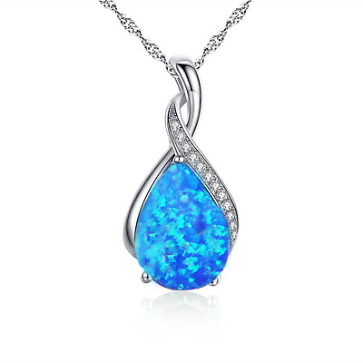 #ad 925 Sterling Silver Simulated Blue Opal Gemstone Pendant Necklace Gift For Women $39.50