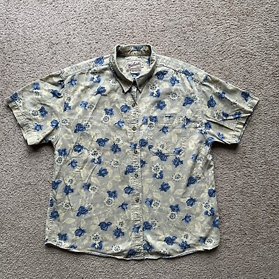 #ad Woolrich Shirt Womens XL Vtg Button Up Short Sleeve USA Made Tan Blue Floral $14.95