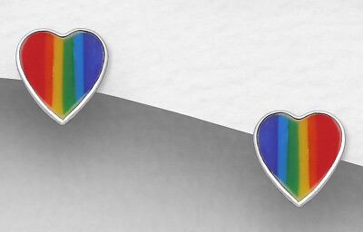 #ad Solid Sterling Silver Childrens Enamel Rainbow Heart 4mm TINY Stud Earrings $17.09
